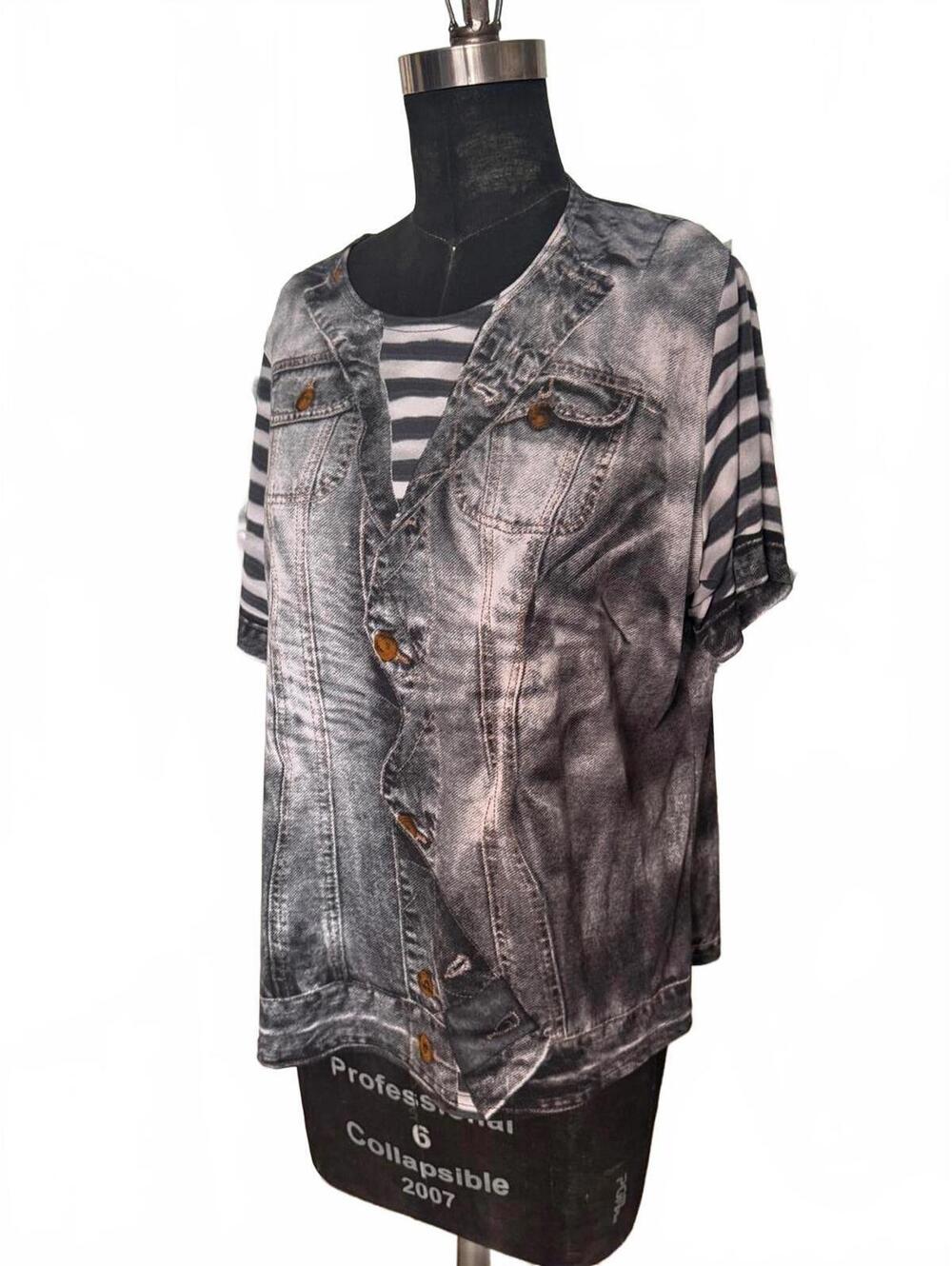 Gaultier Style Denim Jacket T Shirt Faux Layered Graphic Tee